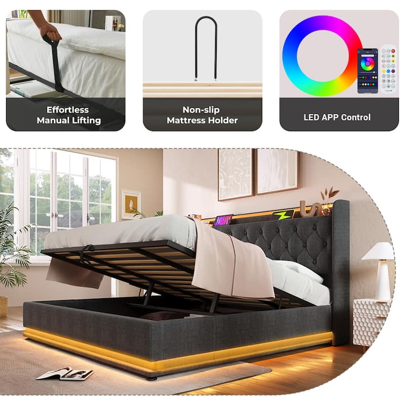 Upholstered Bed with LED Function and USB Charging