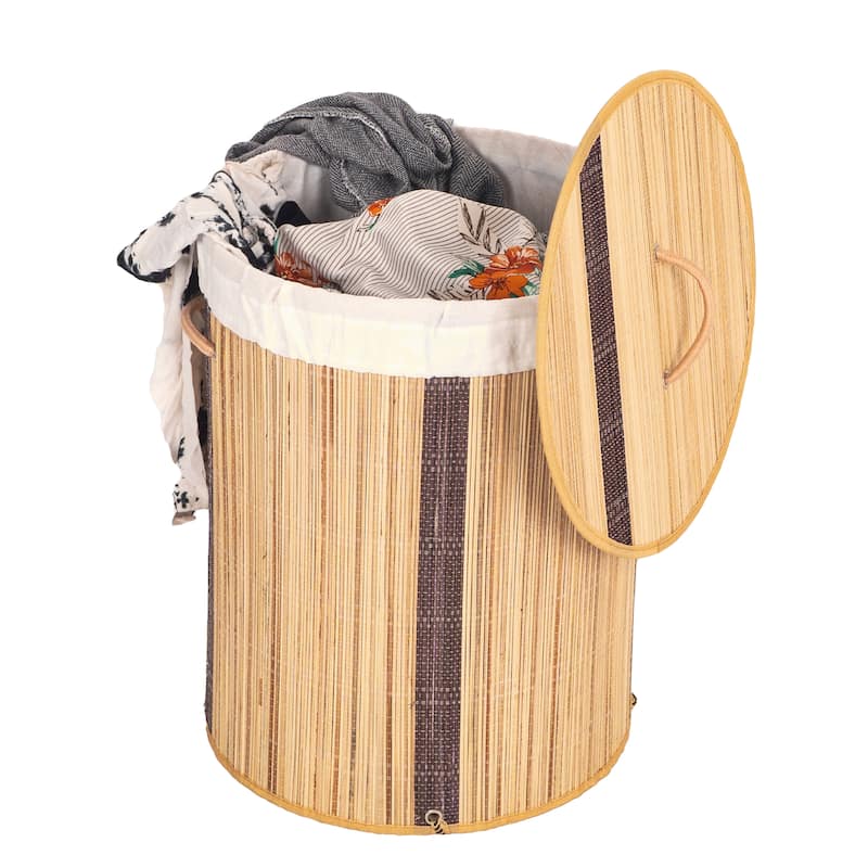 Foldable Laundry Hamper with Lid and Handles for Easy Carrying - Coconut Stick Round
