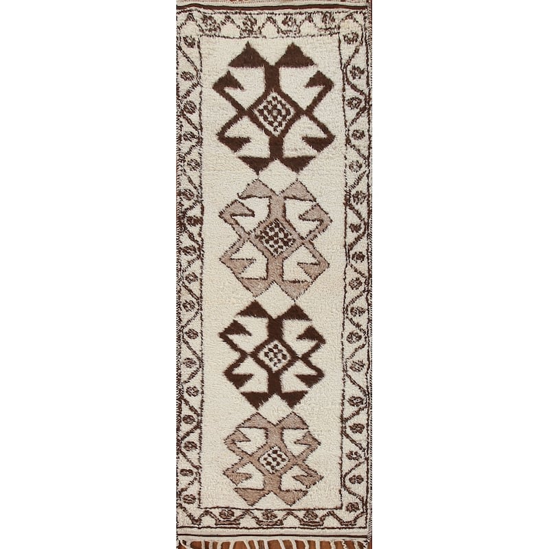 Natural Dye Beige Anatolian Runner Rug Handmade Oriental Wool Carpet - 3'4"x 11'7"