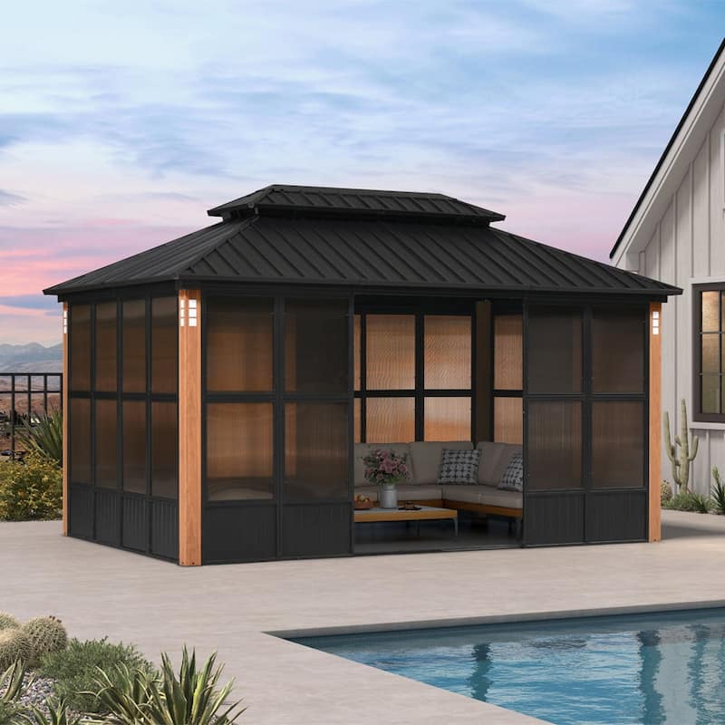 PURPLE LEAF Double Top Outdoor Sunroom Screen House Patio Hardtop Gazebo - 10' x 15' - Black