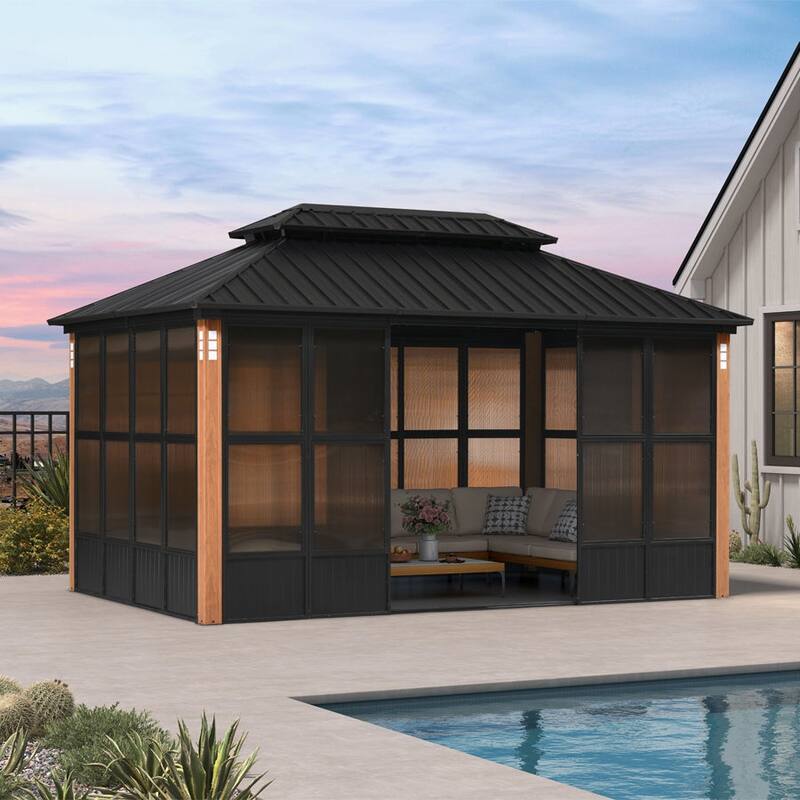 PURPLE LEAF Double Top Outdoor Wood Grain Sunroom All-Weather Screen House Patio Hardtop Gazebo - 10' x 15' - Sunroom