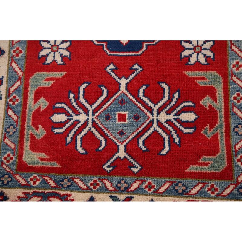 Red Geometric Kazak Accent Rug Handmade Wool Carpet - 2'9" x 4'1"