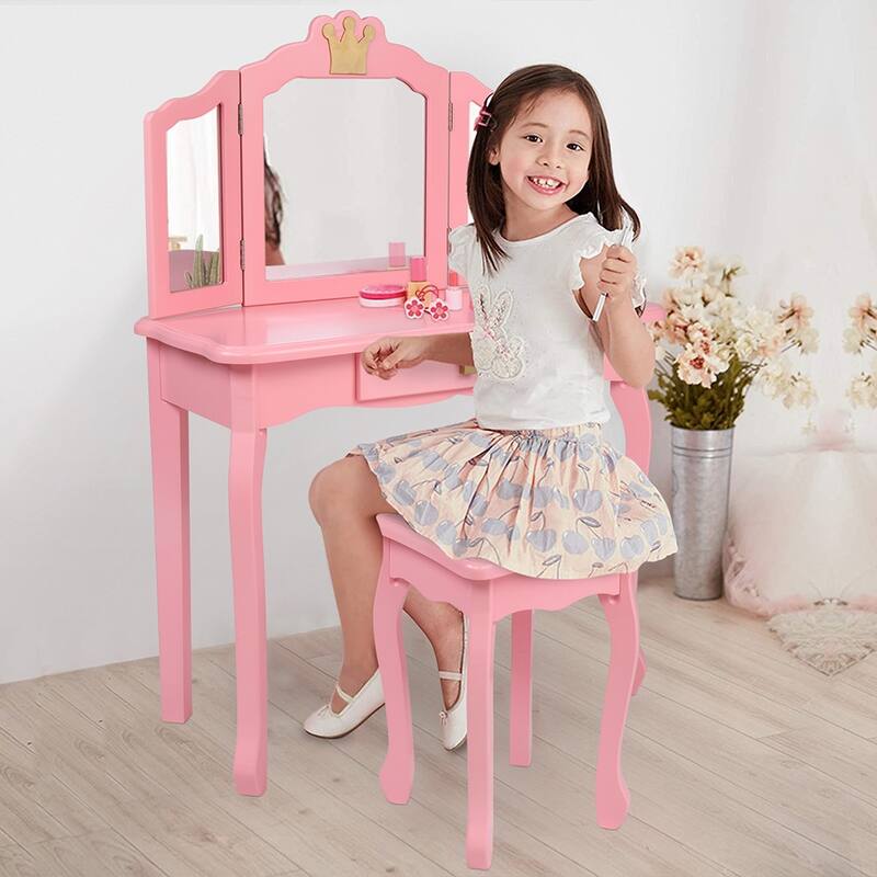 Kids Vanity Table and Stool Set Table Three-Sided Folding Mirror Kids Vanity