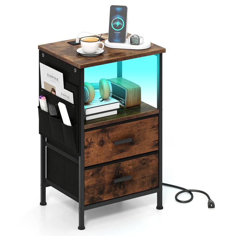 Gymax End Table w/Charging Station 2 Folding Fabric Drawers 6 Side - Brown - Wood