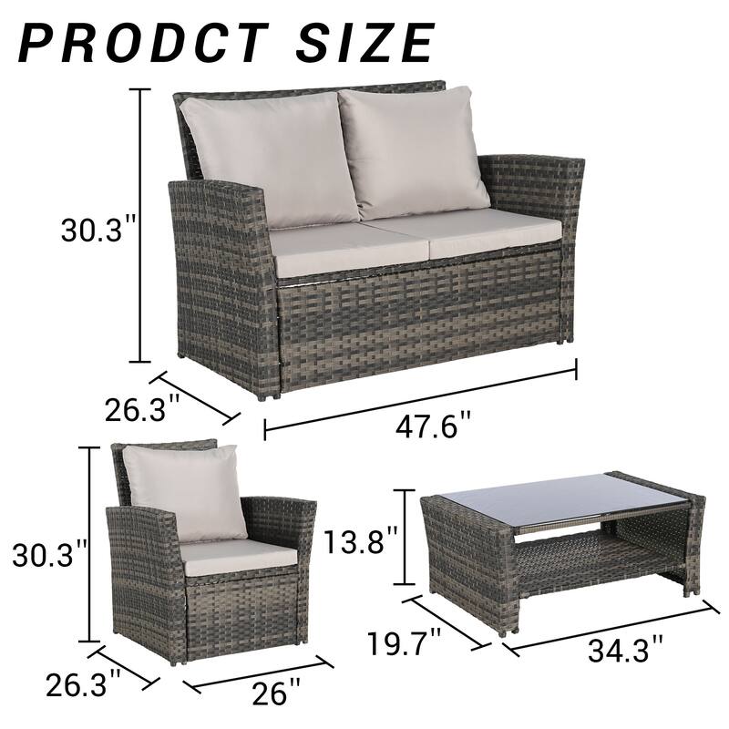 4-Piece Outdoor Patio Rattan Conversation Sofa Set with Tempered Glass Coffee Table