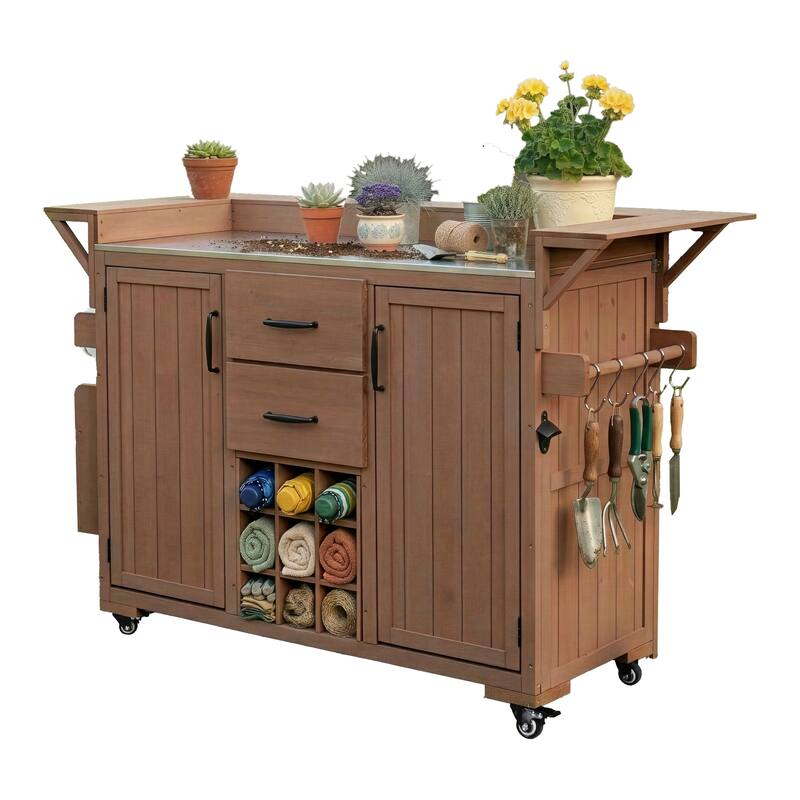 Modern 60.2" W Outdoor BBQ Kitchen Island with Wheels, Stainless Steel Top, Drawers, Spice Rack & Wine Rack