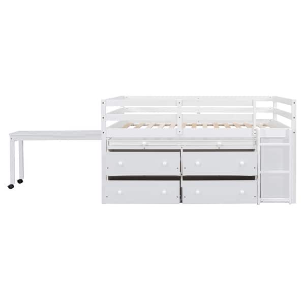 slide 2 of 12, Full Low Loft Bed with Rolling Portable Desk & Shelves, Wood Loft Bed Frame with 4 Drawers for Kids & Teens, Boys, Girls White White - Full