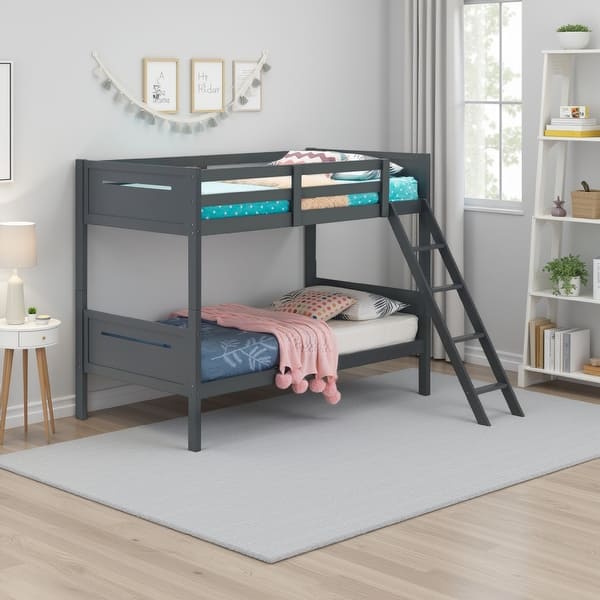 slide 2 of 6, Amey Wood Twin Bunk Bed with Angled Ladder, Guardrail, Slat Kit, Gray