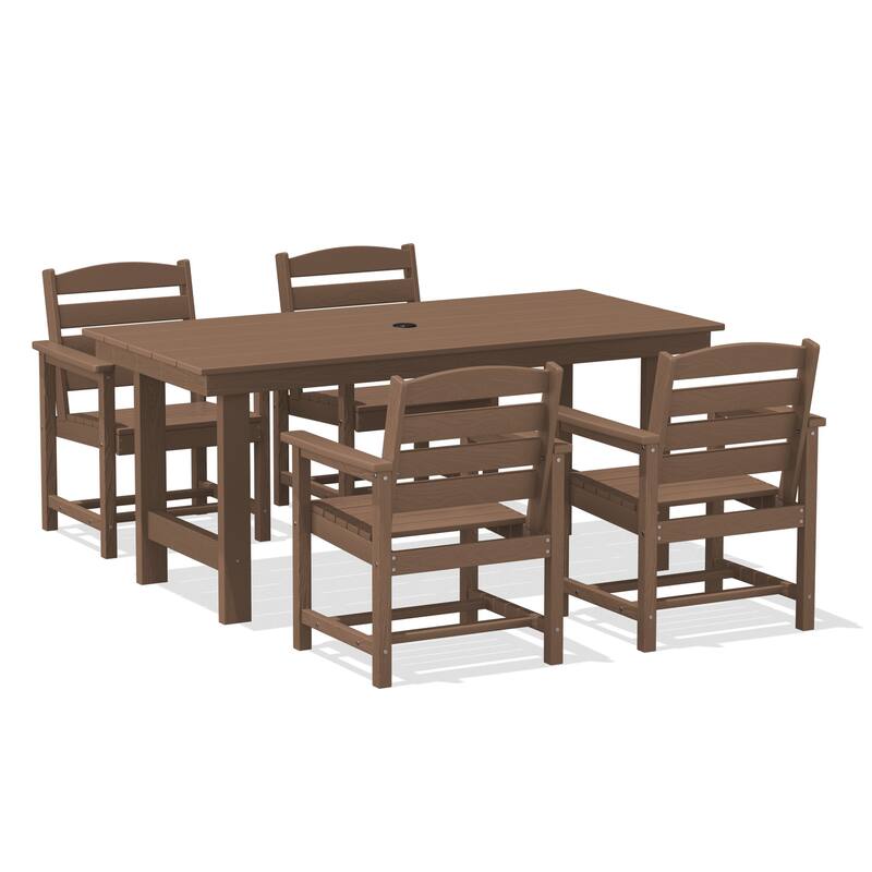5-Piece HDPE Outdoor Dining Table Sets with Umbrella Hole - 1-Table 4-Chairs - Brown
