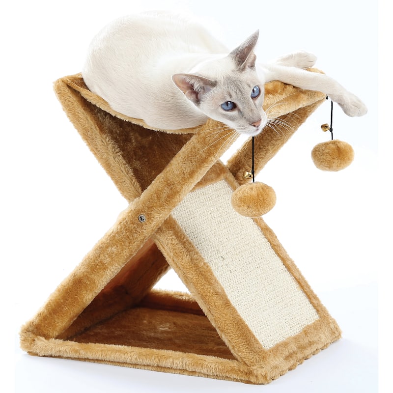 Foldaway Cat Play Tower & Scratching Post W/ Hanging Balls