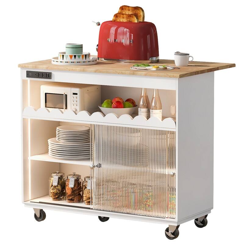Kitchen Island with Drop Leaf, Kitchen Cart with Power Outlets, 2