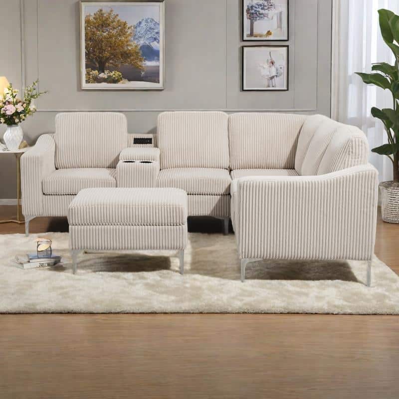 95.67" Corduroy 5-Seat L-Shaped Sectional Sofa with Storage Ottoman, USB Ports and Cup Holders - Beige