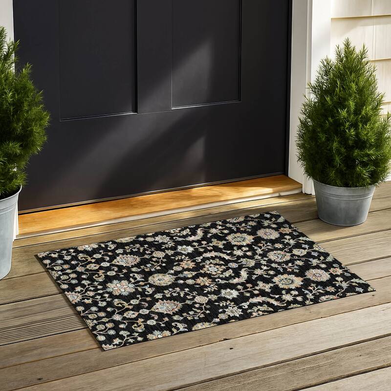 Machine Washable Indoor/ Outdoor Traditional Basalt Chantille Rug - Black - 1'8" x 2'6"