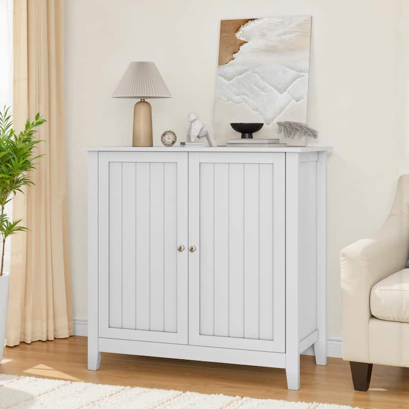 Mid-Century Modern Double-Door Storage Cabinet – Freestanding Buffet with Silver Knobs for Living Room, Kitchen, Bathroom.