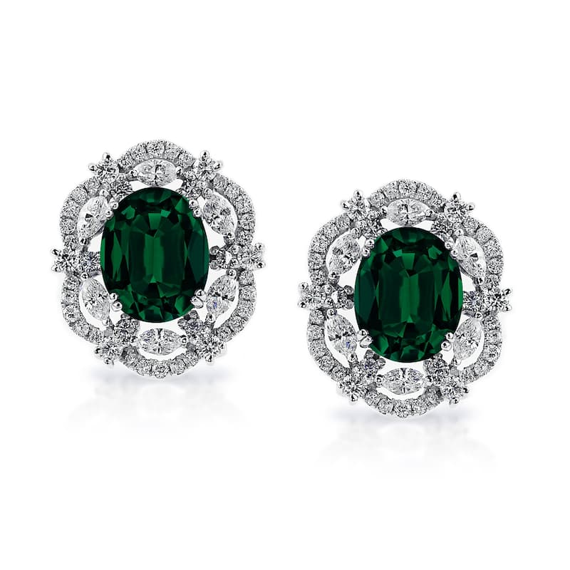 Auriya 4 9/10ct Fancy Oval-cut Emerald Halo Diamond Stud Earrings 1 3/4ctw 18k Gold