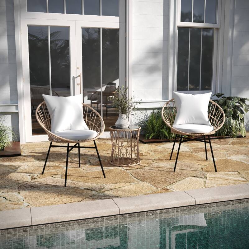 Indoor/Outdoor Rattan Rope Bistro Set, Glass Top Table & Cushions - Tan/Light Gray