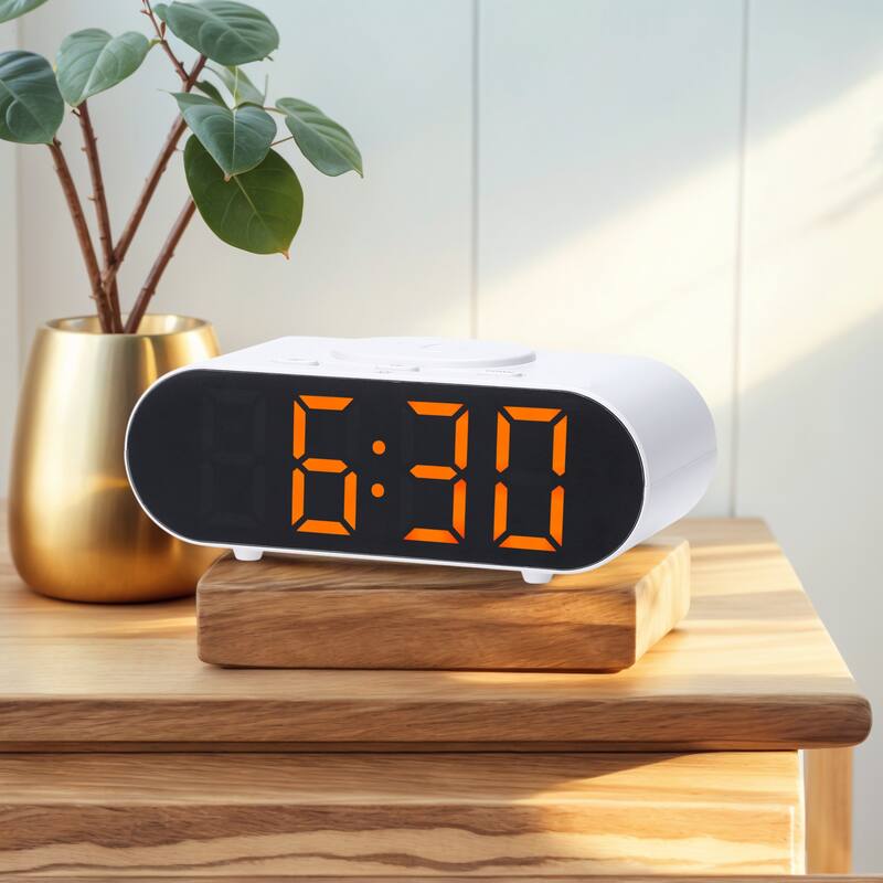 Oval Alarm Clock with Nightlight, Dimmable, 12/24H,USB Port, Wireless Charging, Decorate for Bedroom 7.1 x 3.1 x 2.4 inch - Orange