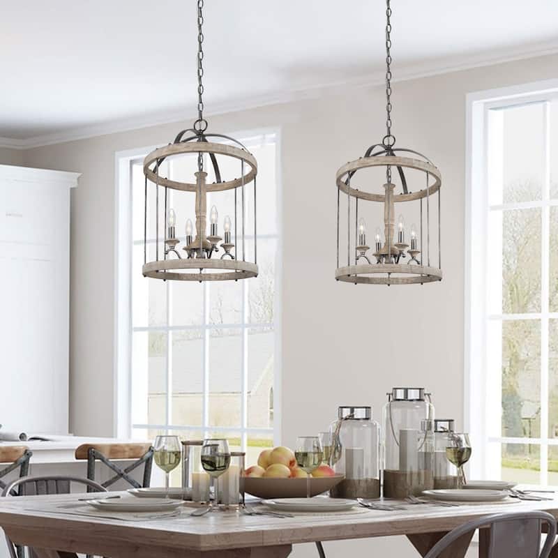 Loby Farmhouse Solid Wood Drum Chandelier 4-light Dimmable Candle Pendant Lights for Entryway - D16 "xH22.5"