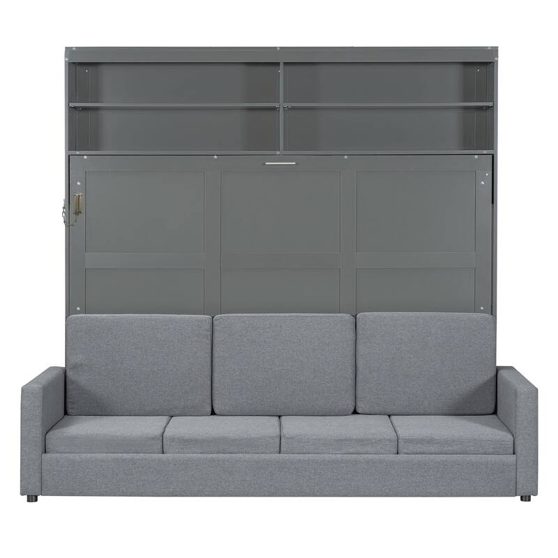 Foldable Canbinet Bedframe Storage Murphy Bed Queen Size Wall Bed with Integrated Linen Upholstered Sofa and Open Shelves