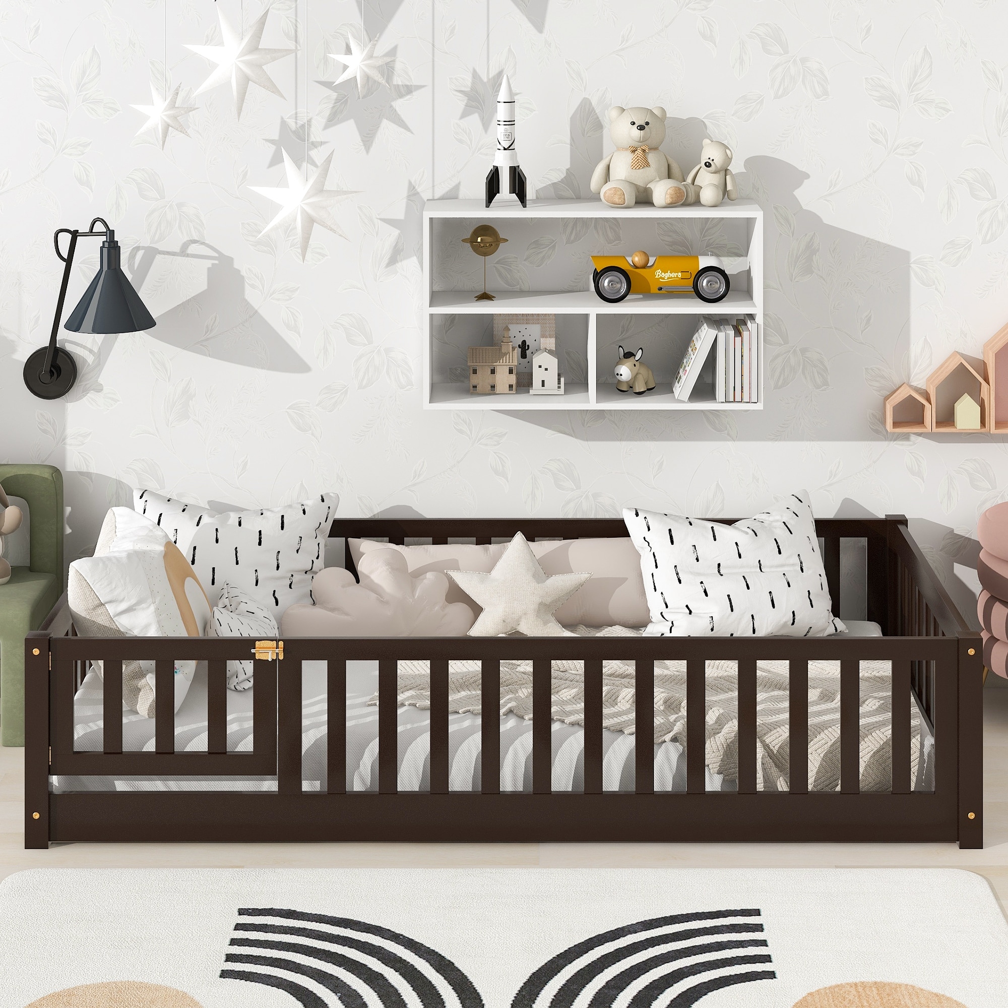 Twin Size Floor Bed with Fence and Door, Rubber Wood Floor Bed with Safety Guardrails