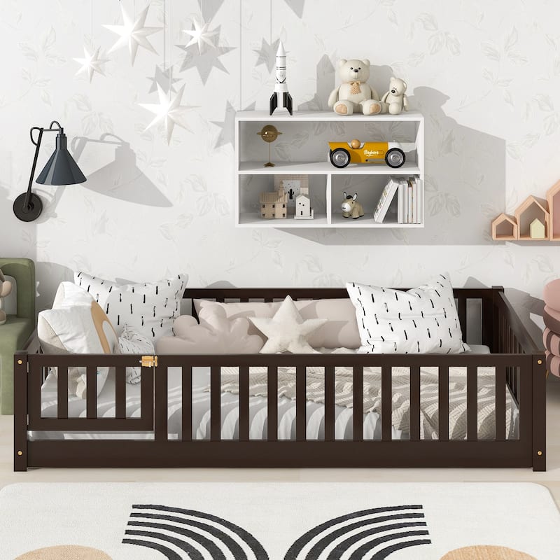 Twin Size Floor Bed with Fence and Door,Rubber Wood Floor Bed with Safety Guardrails - Espresso
