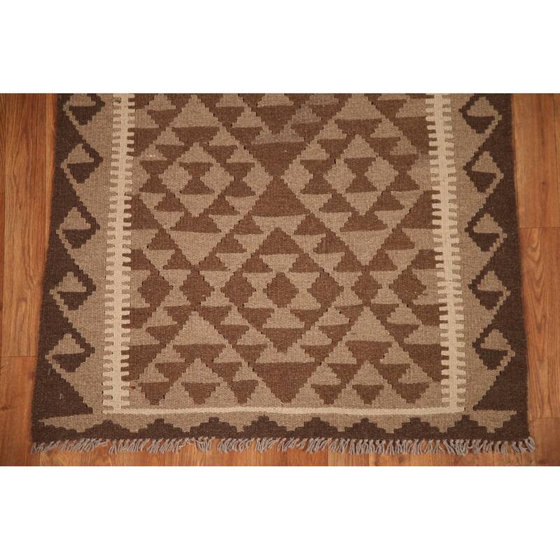 Brown Kilim Oriental Area Rug Flat-weave Wool Foyer Carpet - 3'2" x 4'9"
