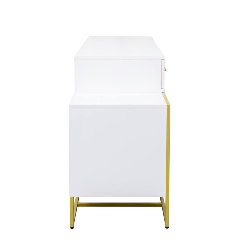 Roomfitters White and Yellow Makeup Vanity Set with Mirror, 4-Drawer Dressing Table with Stool and Nightstand for Bedroom