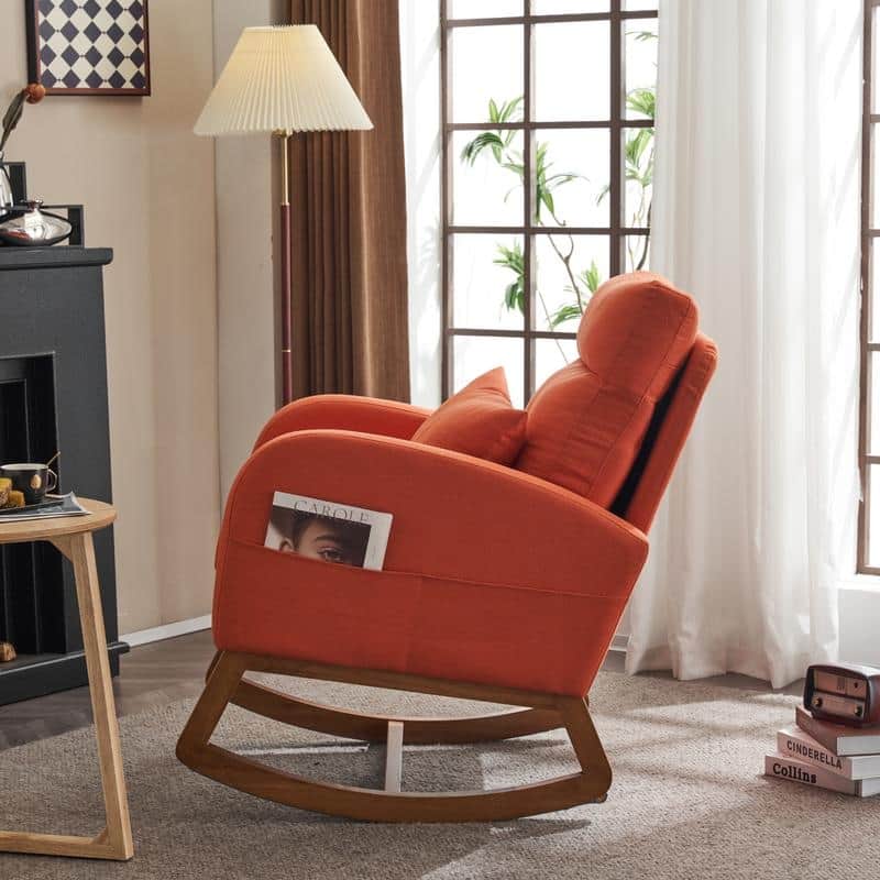 Accent Rocking Chair, Upholstered Nursery Glider Rocker, Orange and White