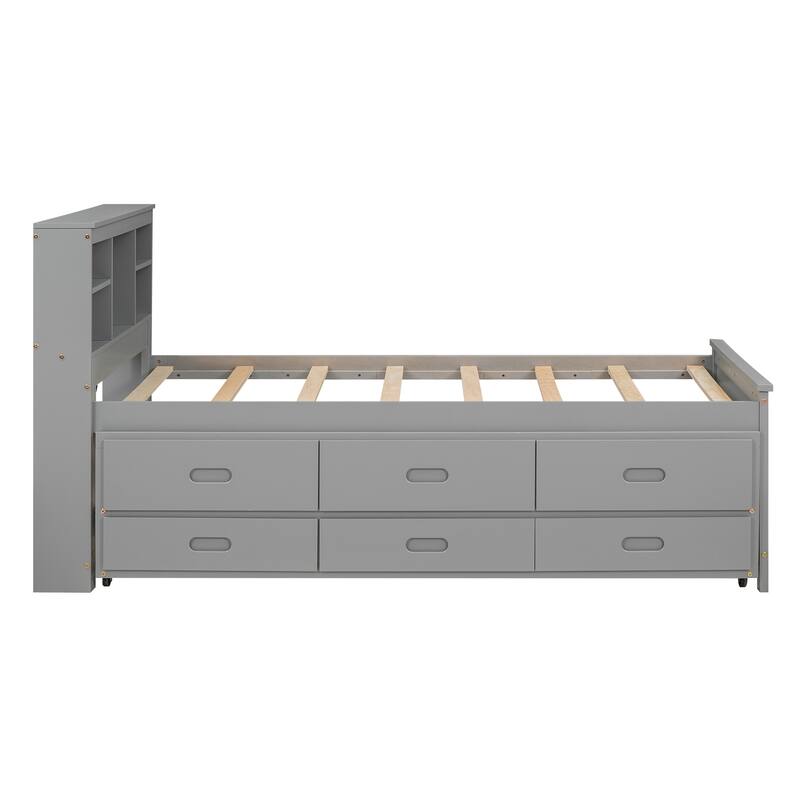 Twin Size Pine Wood Platform Bed Frame with 3 Drawers & Trundle