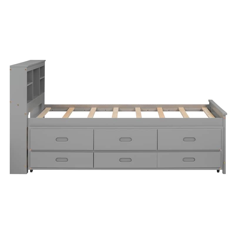 Twin Size Solid Wood Platform Bed with Storage Headboard, USB and 3 Drawers, Pull-out Trundle Bed and Daybed for Bedroom