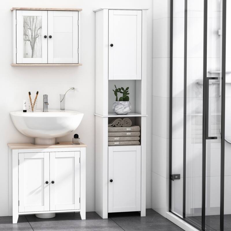 Tall Bathroom Storage Cabinet, Freestanding Linen Tower with 2-Tier Shelf and 2 Cabinets, Narrow Side Floor Organizer, White
