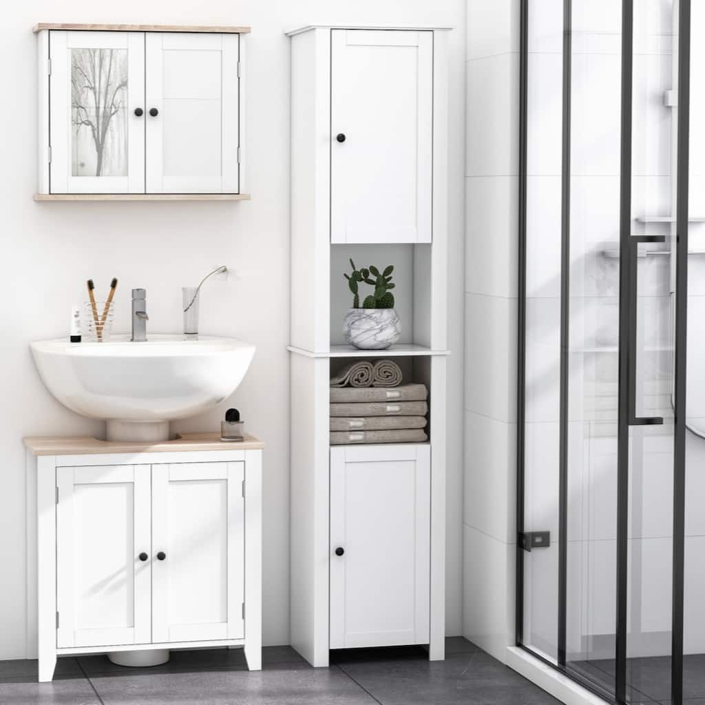 Tall Bathroom Storage Cabinet, Freestanding Linen Tower with 2-Tier Shelf and 2 Cabinets, Narrow Side Floor Organizer, White