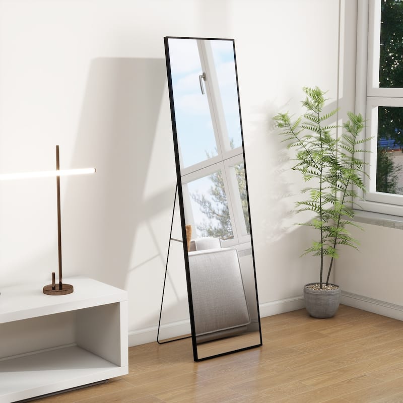 Full Length Mirror Standing Rectangle Black Frame Floor Mirrors Body Dressing Wall-Mounted Mirror - 59"L x 16"W - Black