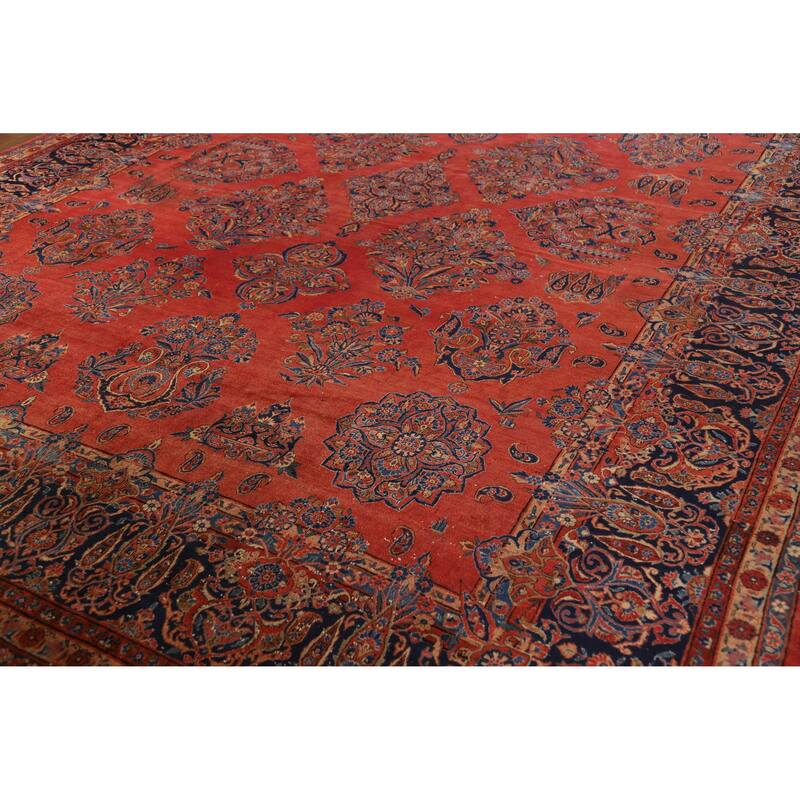 Hand Knotted Oriental 100% Wool Carpet Traditional All-Over Oranges & Rust Kashan Area Rug - 13' 11'' X 10' 0''