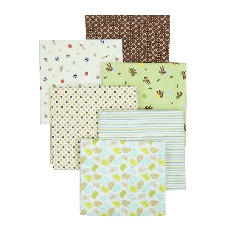 Cozy Line 6-Pack Blue Green Monkey Bird Sports Dot Stripe Unisex Baby Cotton Flannel Receiving Blankets - Animals/Sports