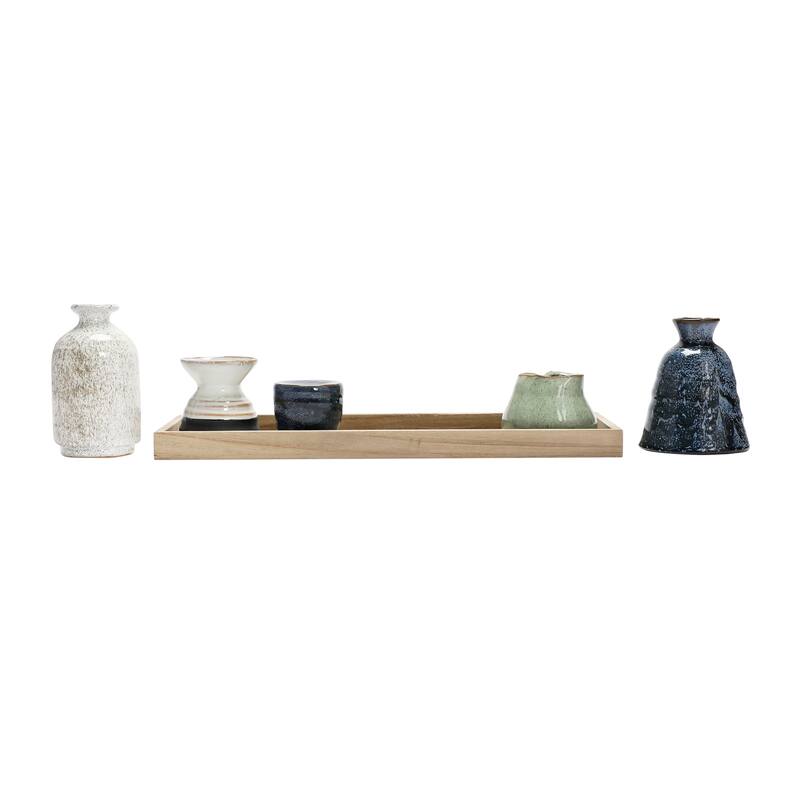 Mango Wood Tray with Candle Holders and Vases