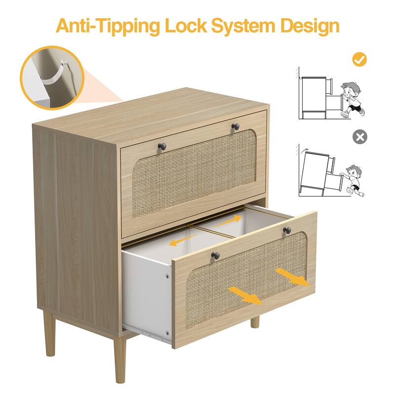 Anmytek Wood Rattan 2 Drawer Lateral File Cabinet with Adjustable Hanging Bar for Letter / A4 / Legal Size Files