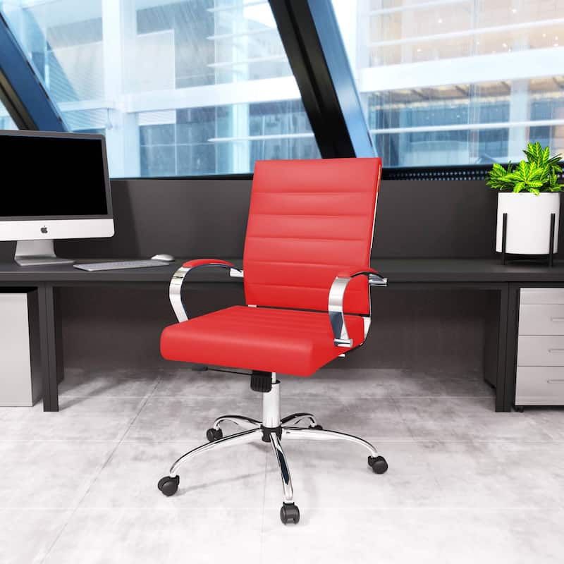 LeisureMod Benmar Mid-Back Swivel Leather Office Chair W/ Chrome Base - Red