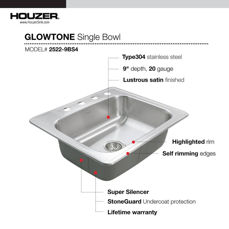 Houzer 2522-9BS4-C Glowtone 25" Drop In Single Basin Stainless Steel