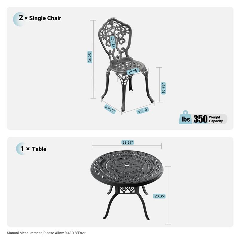 Traditions 3-Piece Patio Outdoor Dining Set with 2 Dining Chairs and 39.37 in.Round Table, Rust Free