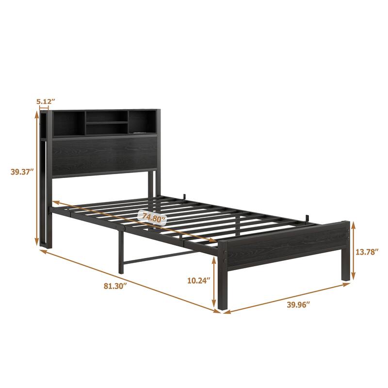 Industrial Twin Bed Frame with Bookcase Headboard & USB Charging Station - No Box Spring Required