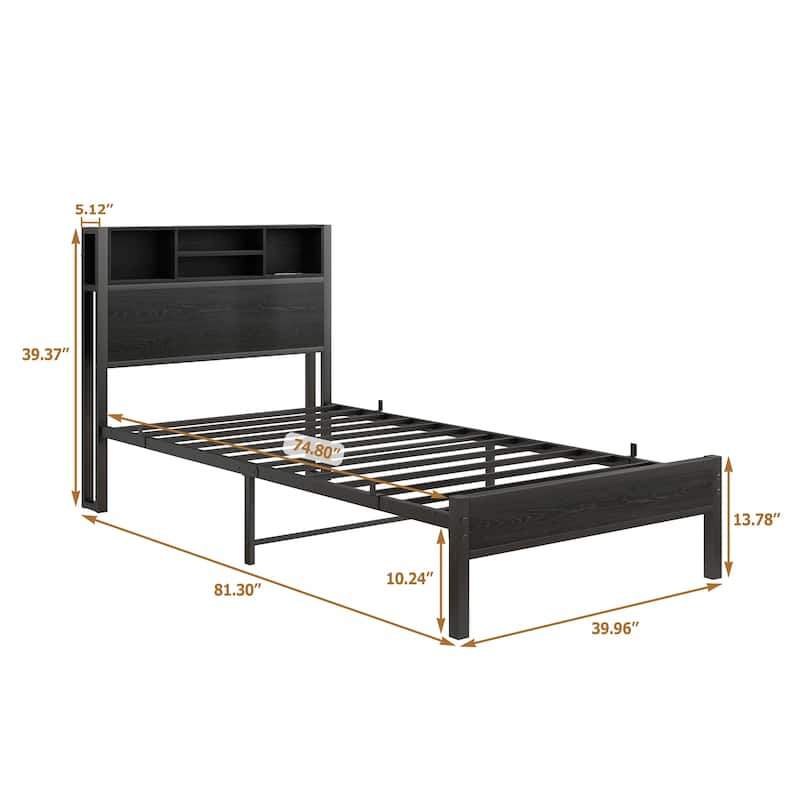 Metal Platform Bed Frame with Wooden Headboard Footboard, Bookcase Storage, Charging Station, No Box Spring Needed, Noise-Free