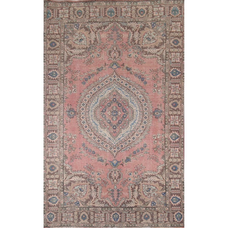 Pink Tabriz Vintage Persian Area Rug Hand-Knotted Wool Carpet - 6'8" x 9'9"