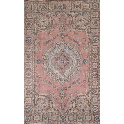 Pink Tabriz Vintage Persian Area Rug Hand-Knotted Wool Carpet - 6'8" x 9'9"