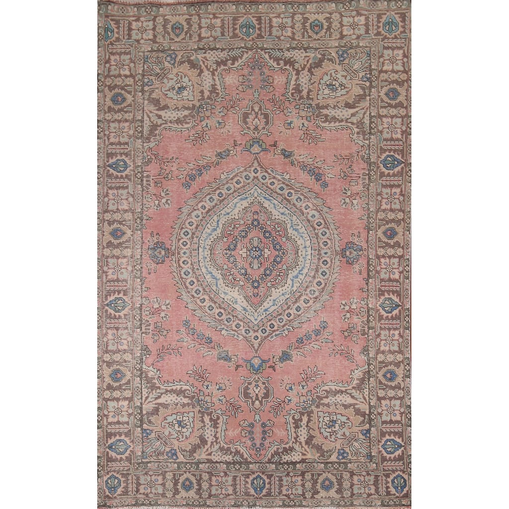 Pink Tabriz Vintage Persian Area Rug Hand-Knotted Wool Carpet - 6'8" x 9'9"