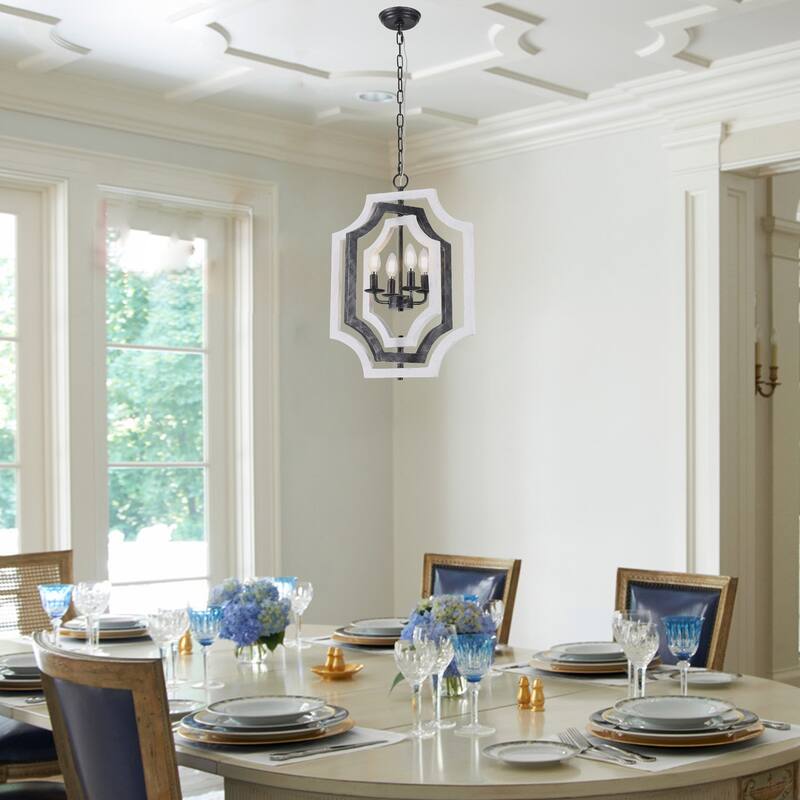 CurveCurio 18" Boho Adjustable Three-Tier Solid Wood Shade Pendant Light w 4 Lights, Austable Hanging Chain Chandelier