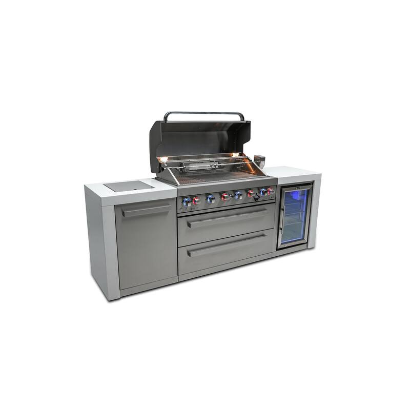 Mont Alpi Premium 94"W Deluxe Stainless Steel Modular Outdoor Kitchen Island with Refrigerator + 44"W 6-Burner BBQ Gas Grill