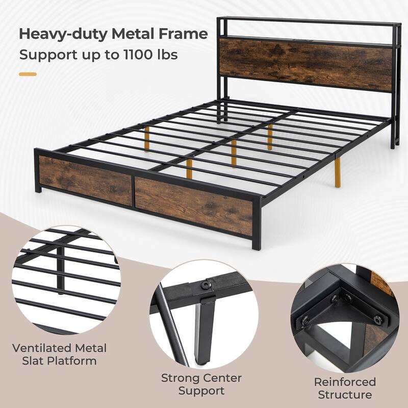 Gymax Full/Queen Industrial Platform Bed Frame with Storage Drawers &