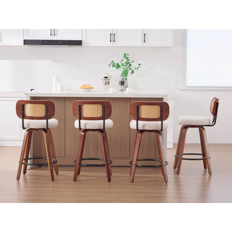Roomfitters Upholstered Swivel Bar Stools Set of 2 with Rattan Back and Wood Legs, Modern Counter Height Dining Chairs
