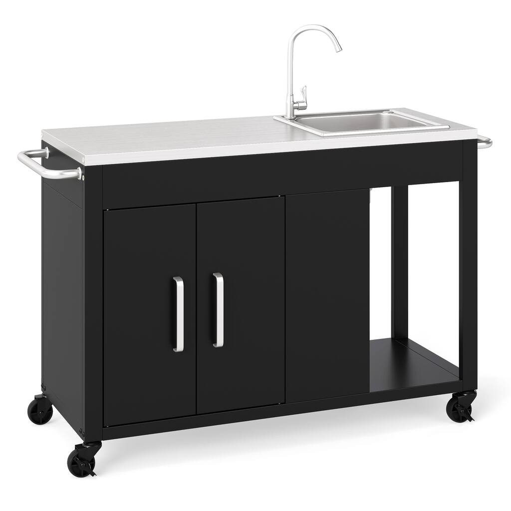 Black Stainless Steel Metal Outdoor Grill Cart with Sink, Wheels and Storage - 56" × 18.5" × 46"